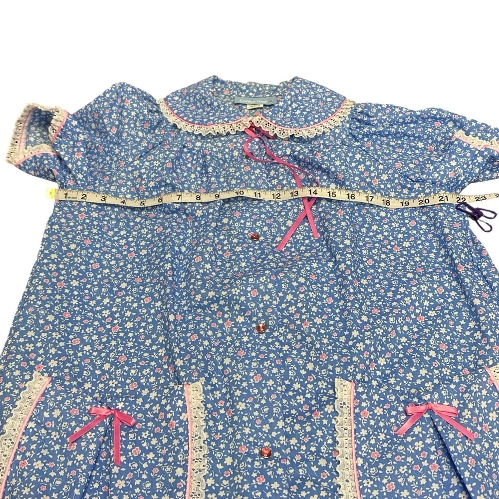 Vintage Coffee Time nightgown House Dress Blue Floral‎ Lace Pockets Medium